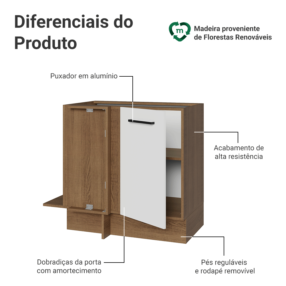Balcão de Canto 1 Porta (Sem Tampo) Rustic/Preto Agata Madesa
