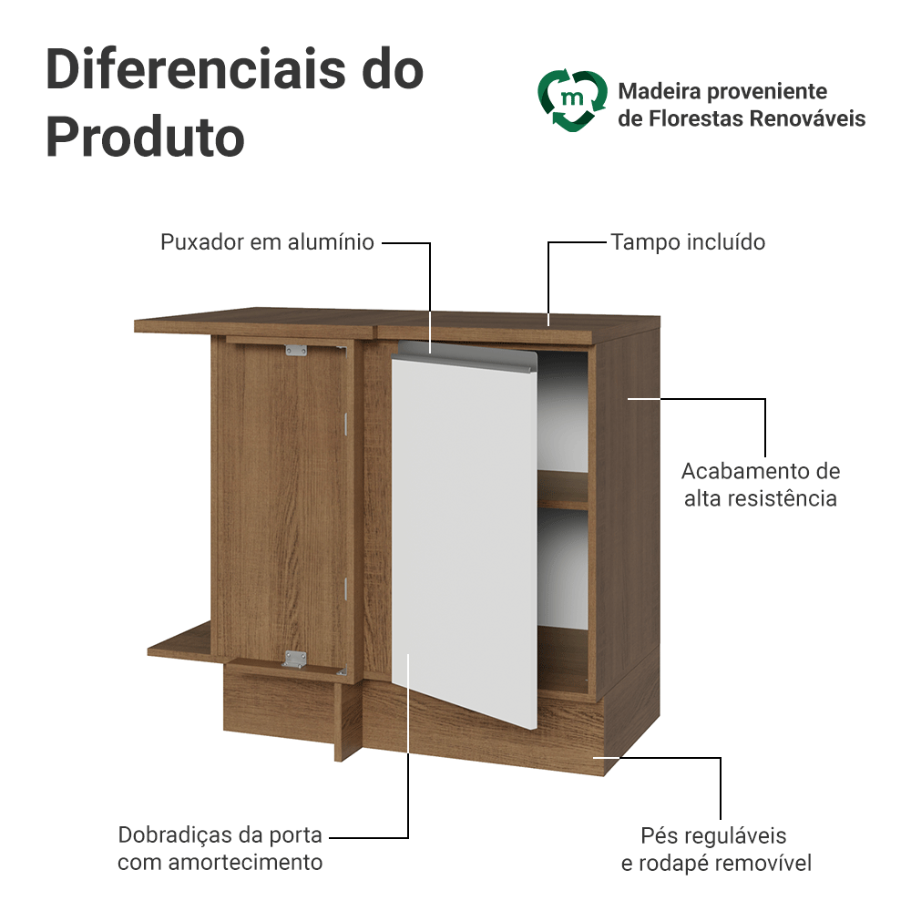 Balcão de Canto Madesa Glamy 1 Porta Rustic/Branco