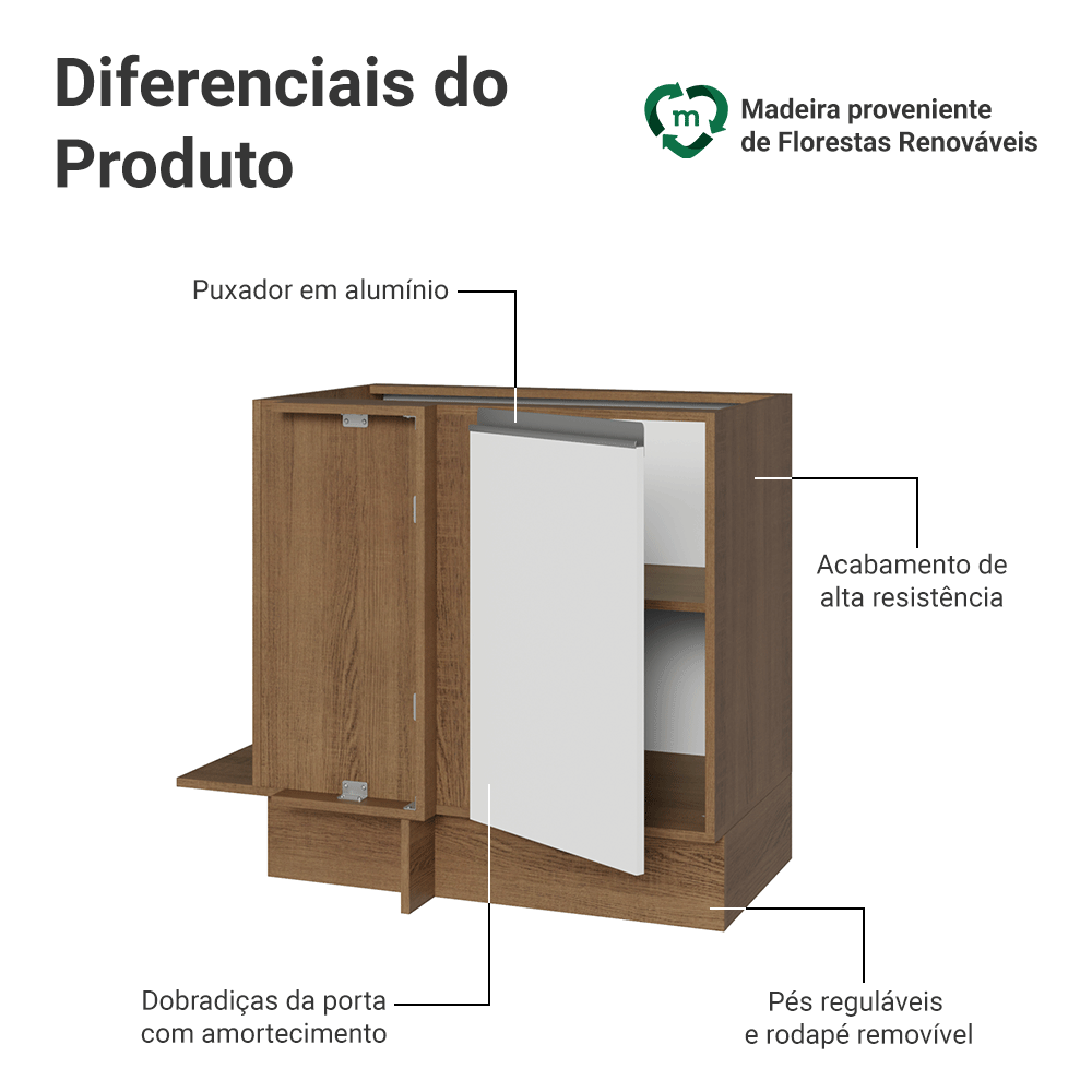 Balcão de Canto 1 Porta (Sem Tampo) Rustic/Branco Glamy Madesa