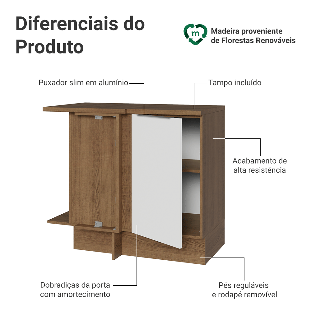 Balcão de Canto Madesa Stella 1 Porta Rustic/Branco