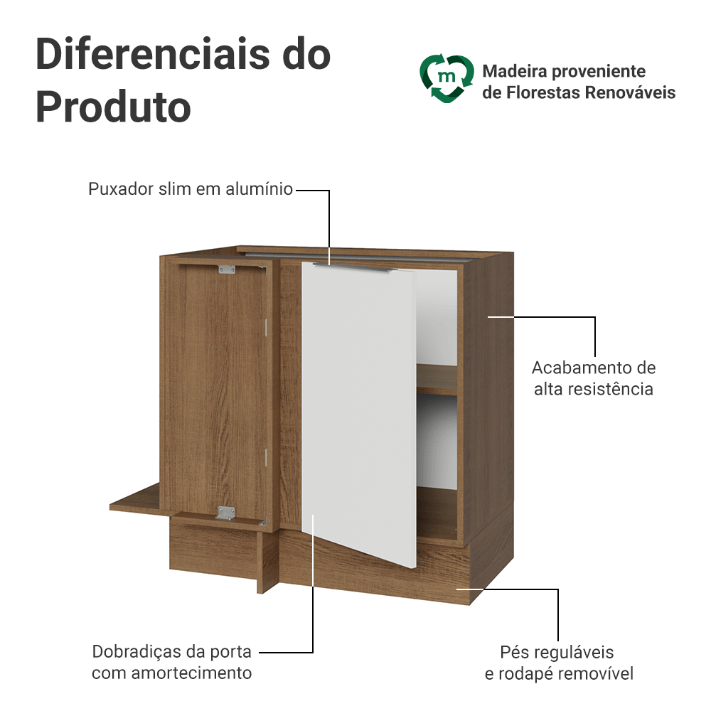 Balcão de Canto 1 Porta (Sem Tampo) Rustic/Branco Stella Madesa