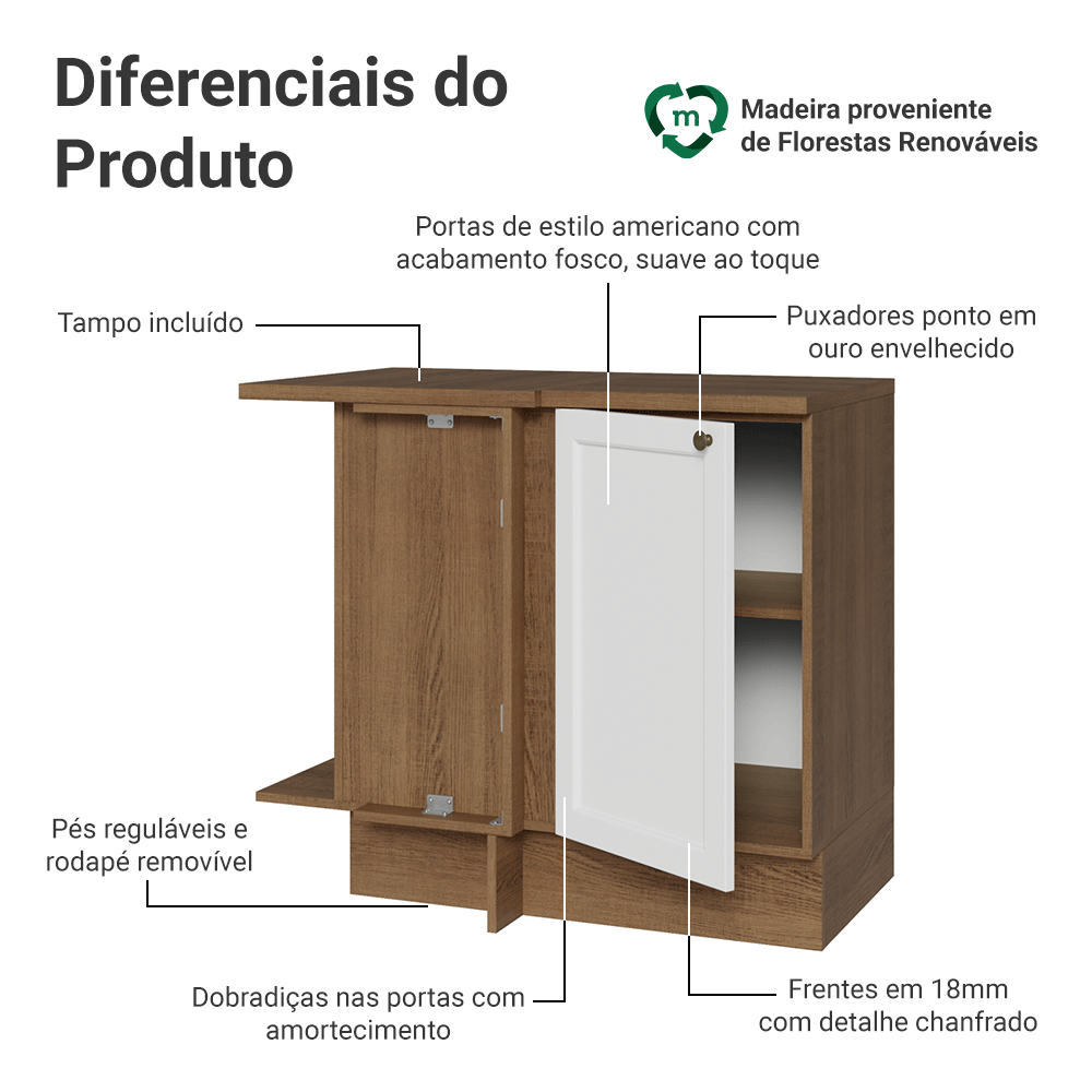 Balcão de Canto 1 Porta Rustic/Branco Vik Madesa