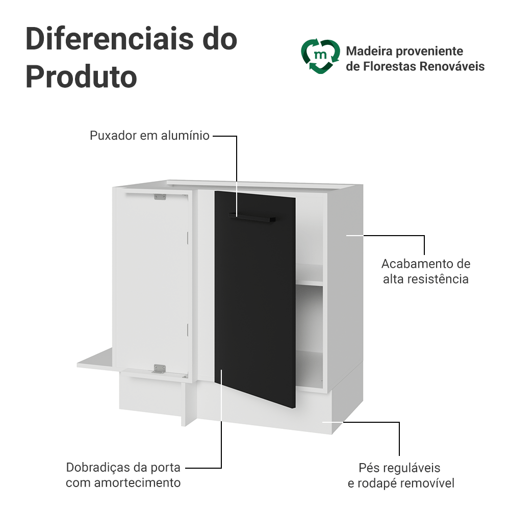 Balcão de Canto 1 Porta (Sem Tampo) Branco/Preto Agata Madesa