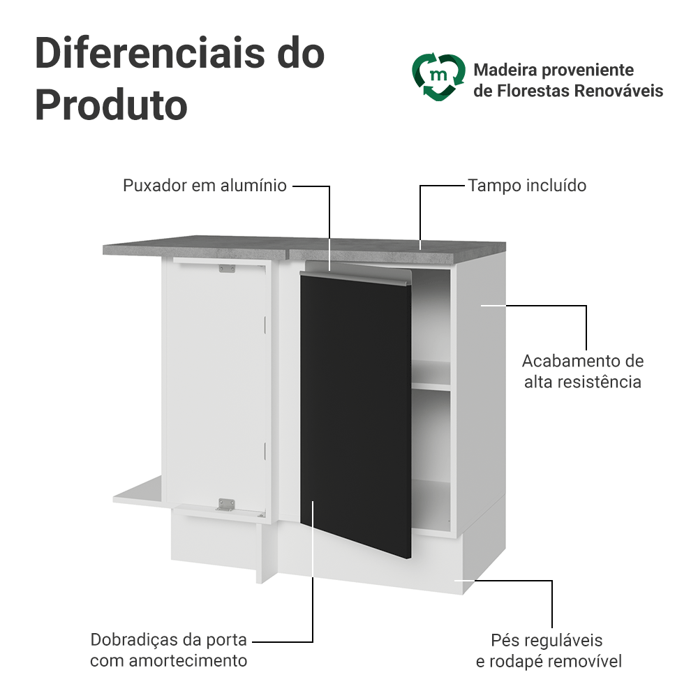 Balcão de Canto Madesa Glamy 1 Porta Branco/Preto