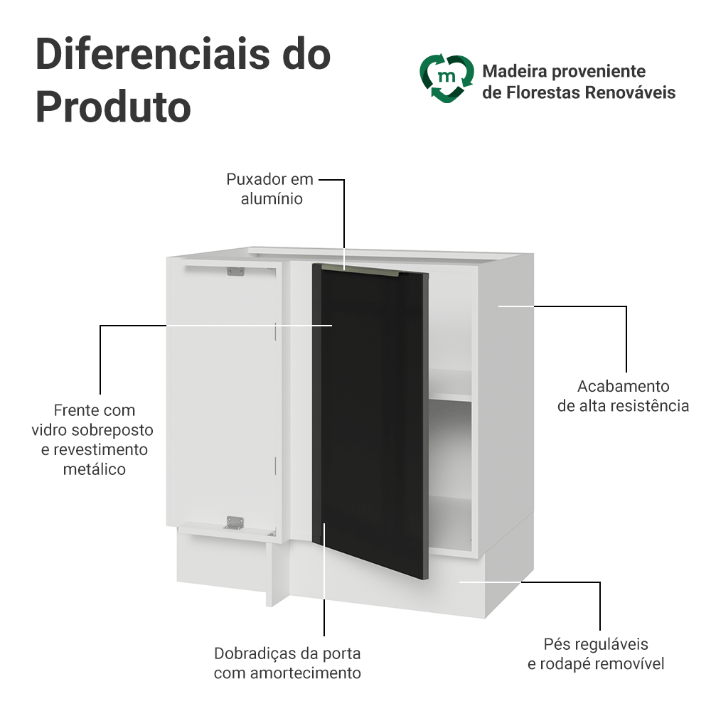 Balcão de Canto 1 Porta (Sem Tampo) Branco/Preto Lux Madesa