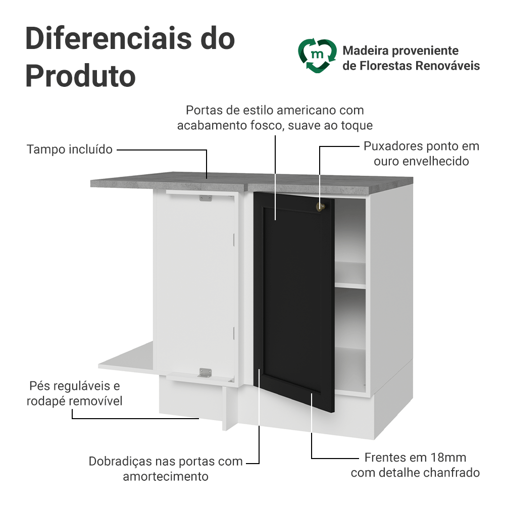 Balcão de Canto 1 Porta Branco/Preto Vik Madesa