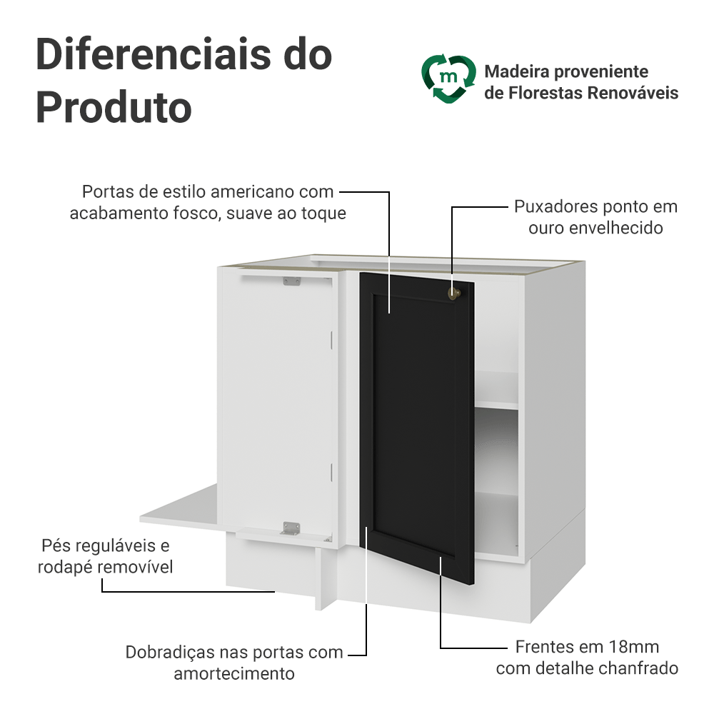 Balcão de Canto 1 Porta (Sem Tampo) Branco/Preto Vik Madesa