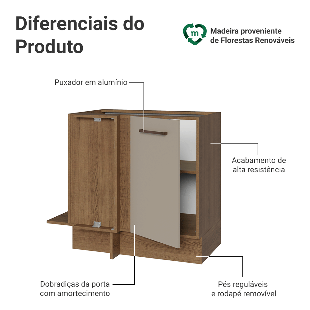 Balcão de Canto 1 Porta (Sem Tampo) Rustic/Crema Agata Madesa
