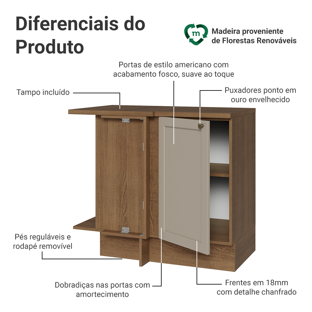 Balcão de Canto 1 Porta Rustic/Crema Vik Madesa