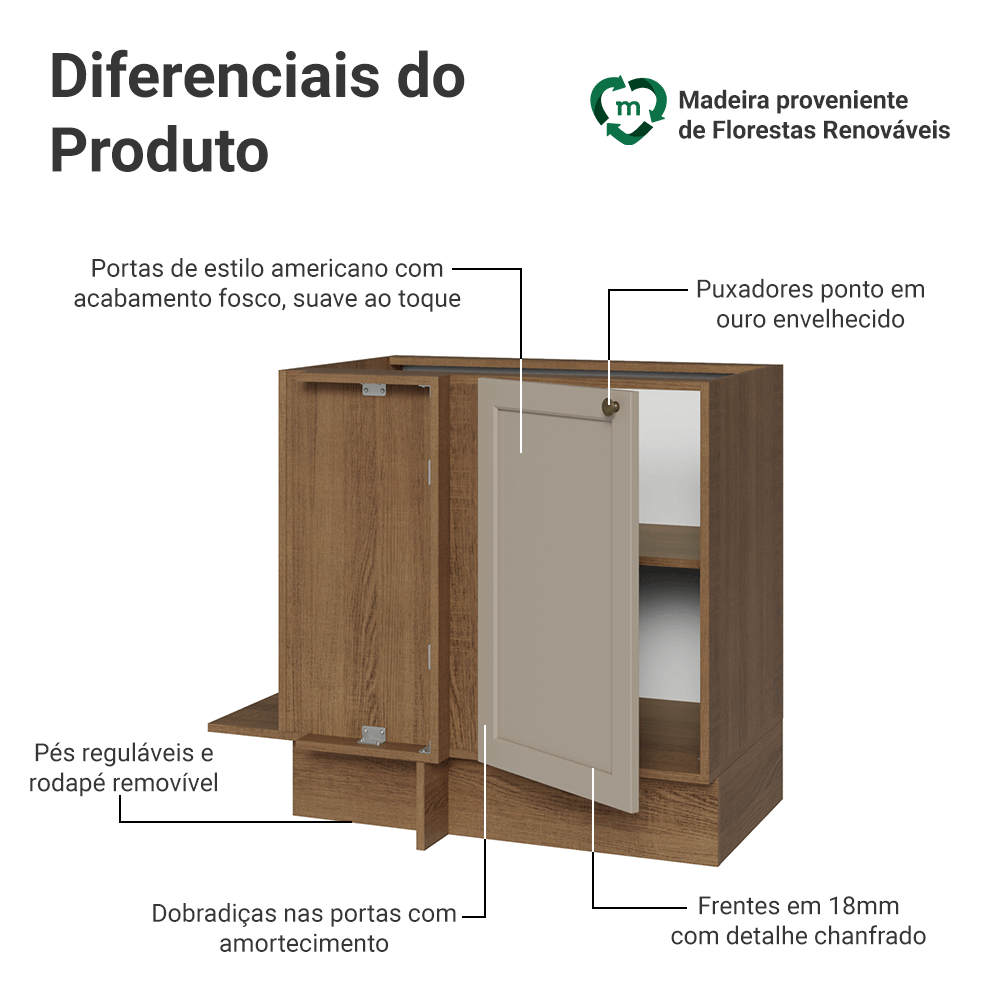 Balcão de Canto 1 Porta (Sem Tampo) Rustic/Crema Vik Madesa