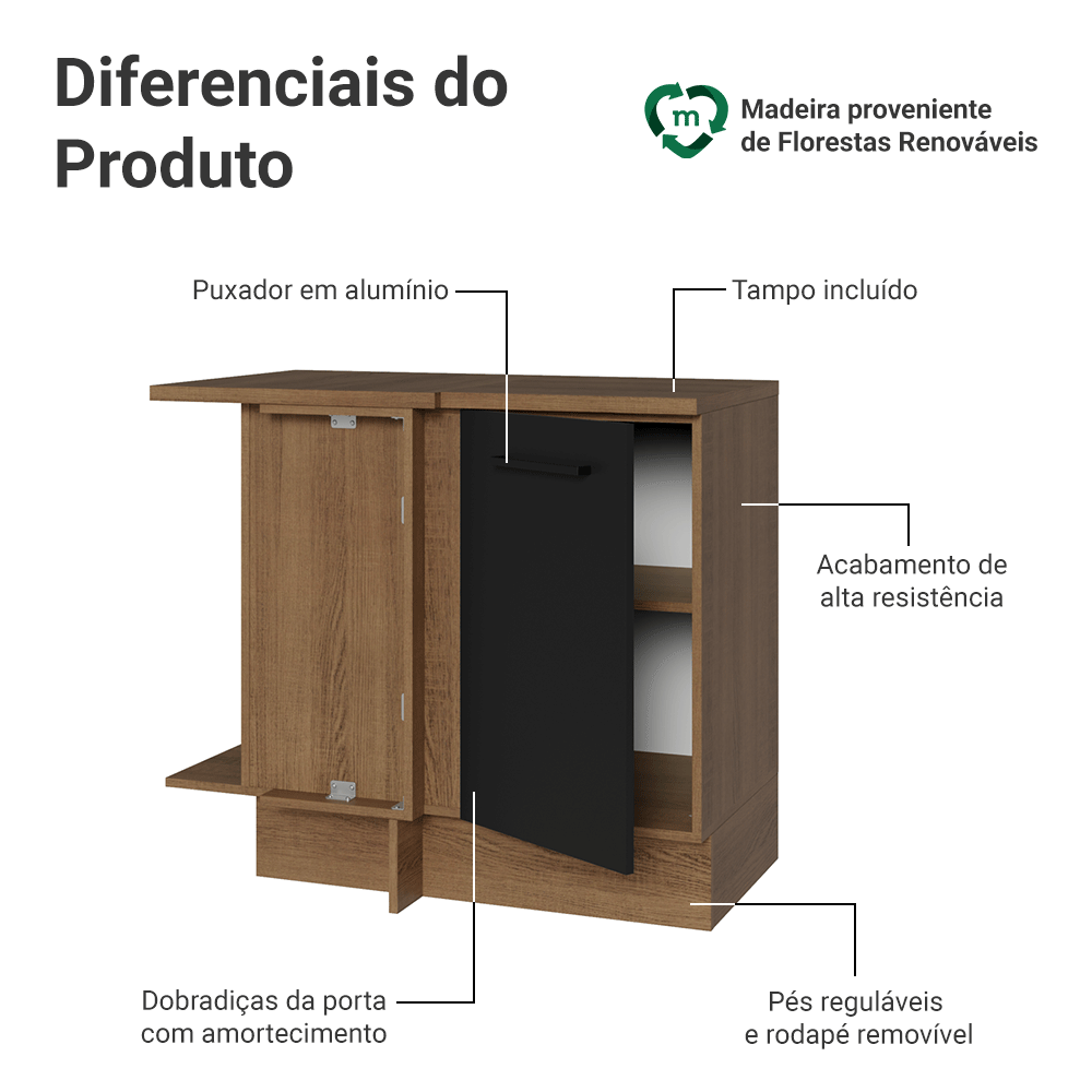 Balcão de Canto Madesa Agata 1 Porta Rustic/Preto
