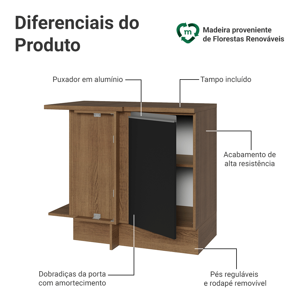 Balcão de Canto Madesa Glamy 1 Porta Rustic/Preto