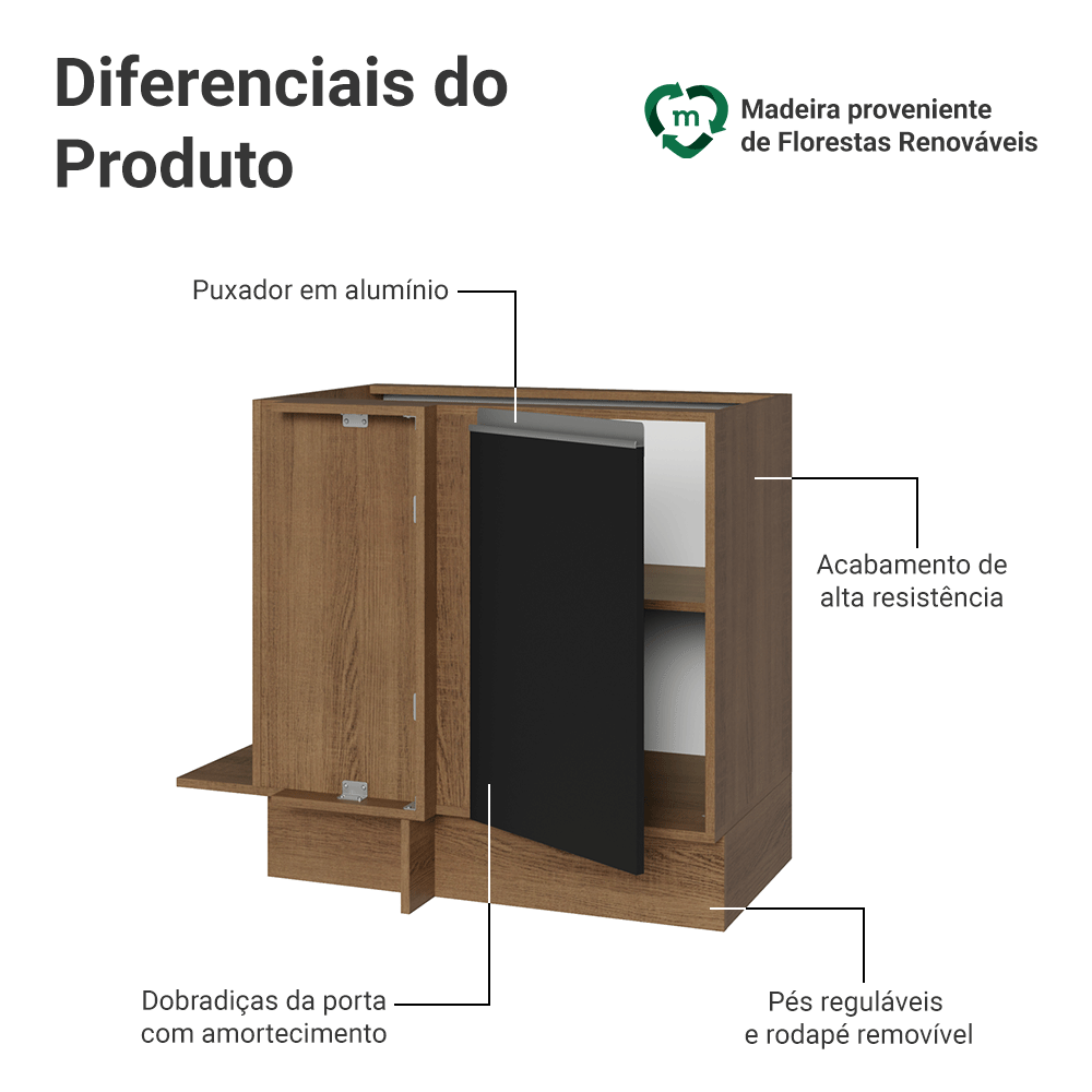 Balcão de Canto 1 Porta (Sem Tampo) Rustic/Preto Glamy Madesa