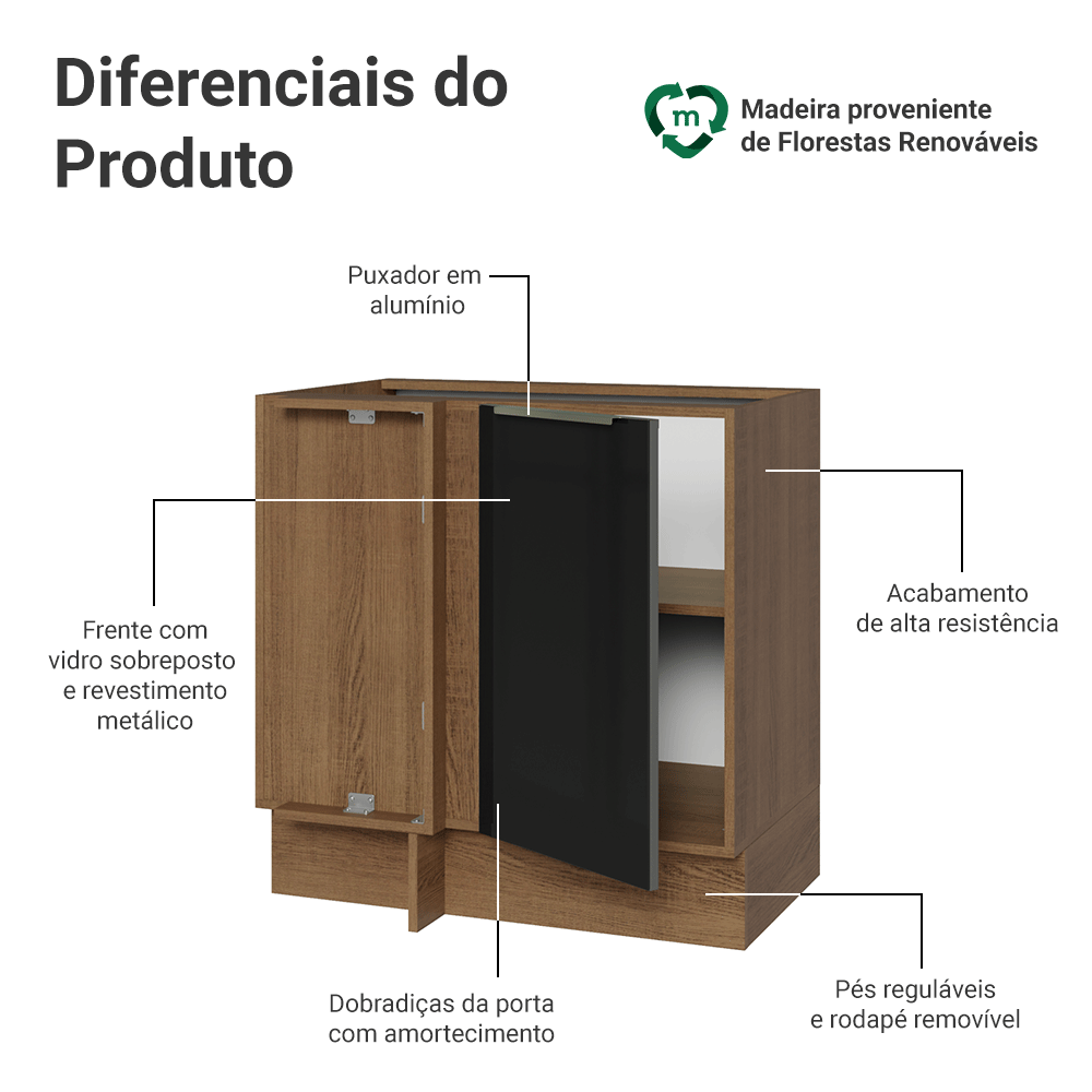 Balcão de Canto 1 Porta (Sem Tampo) Rustic/Preto Lux Madesa