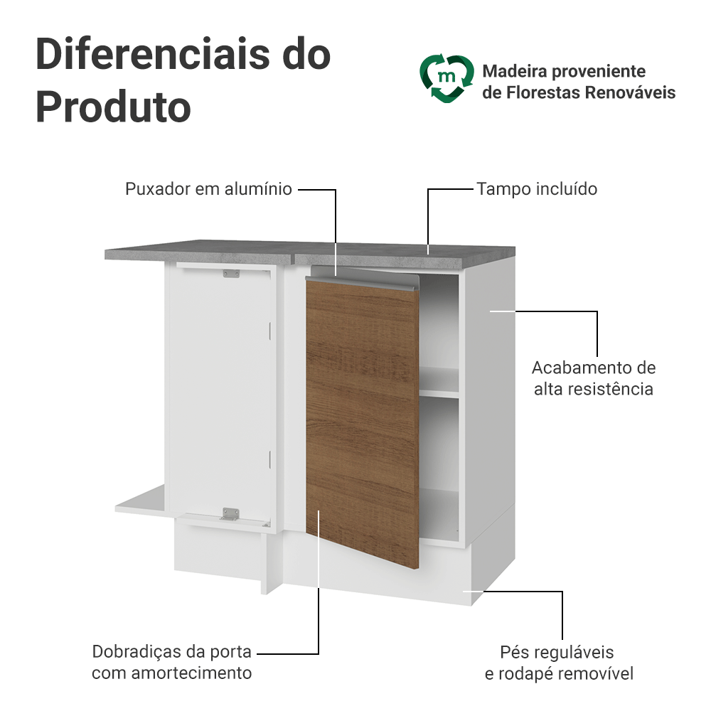 Balcão de Canto Madesa Glamy 1 Porta Branco/Rustic
