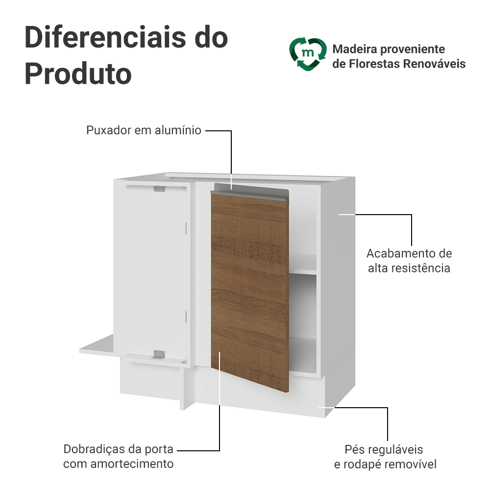 Balcão de Canto 1 Porta (Sem Tampo) Branco/Rustic Glamy Madesa