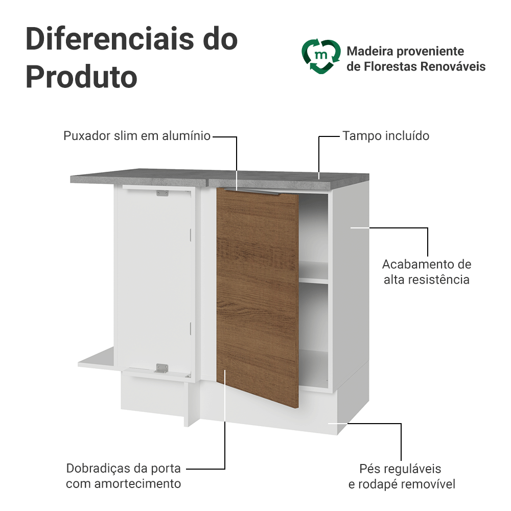 Balcão de Canto Madesa Stella 1 Porta Branco/Rustic
