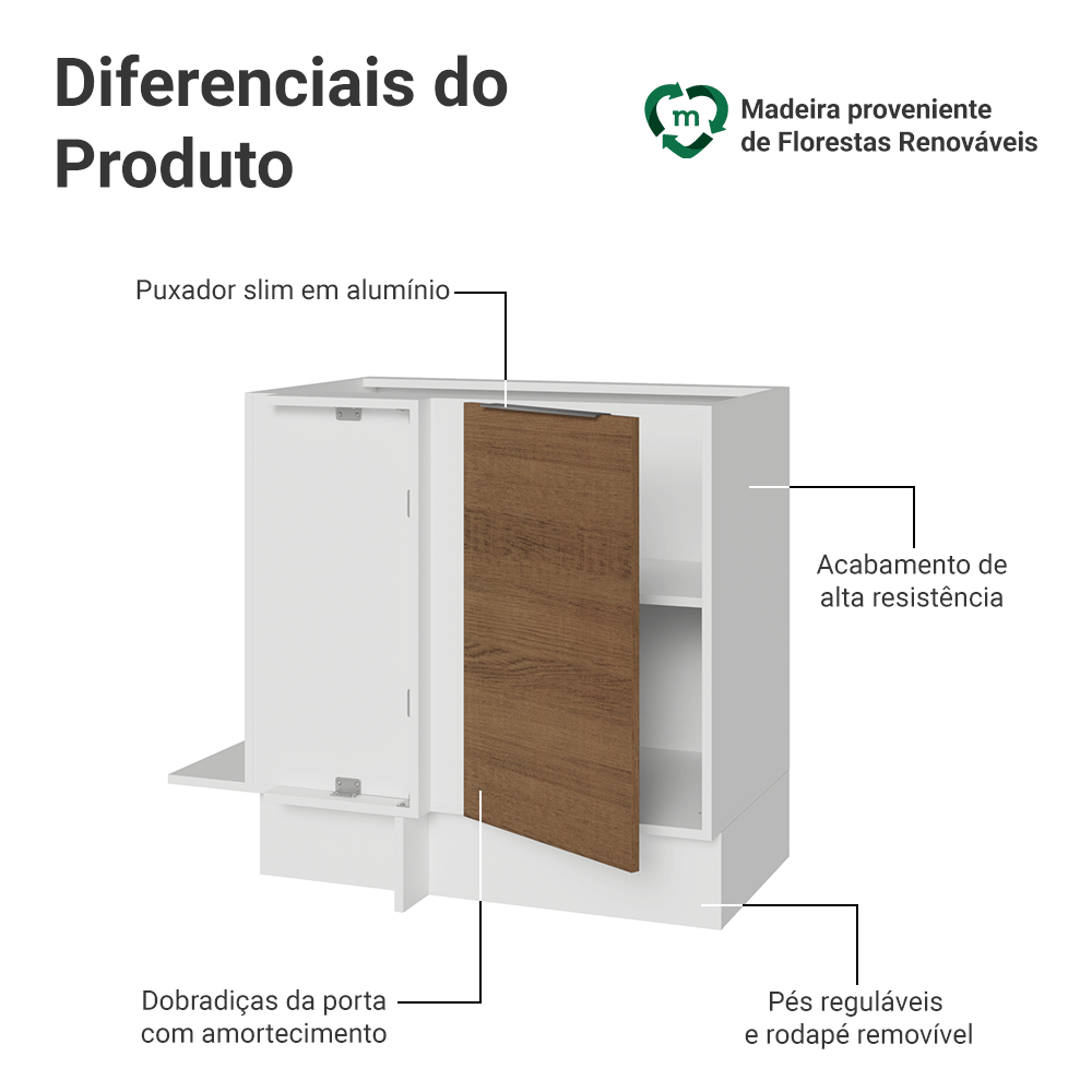 Balcão de Canto 1 Porta (Sem Tampo) Branco/Rustic Stella Madesa