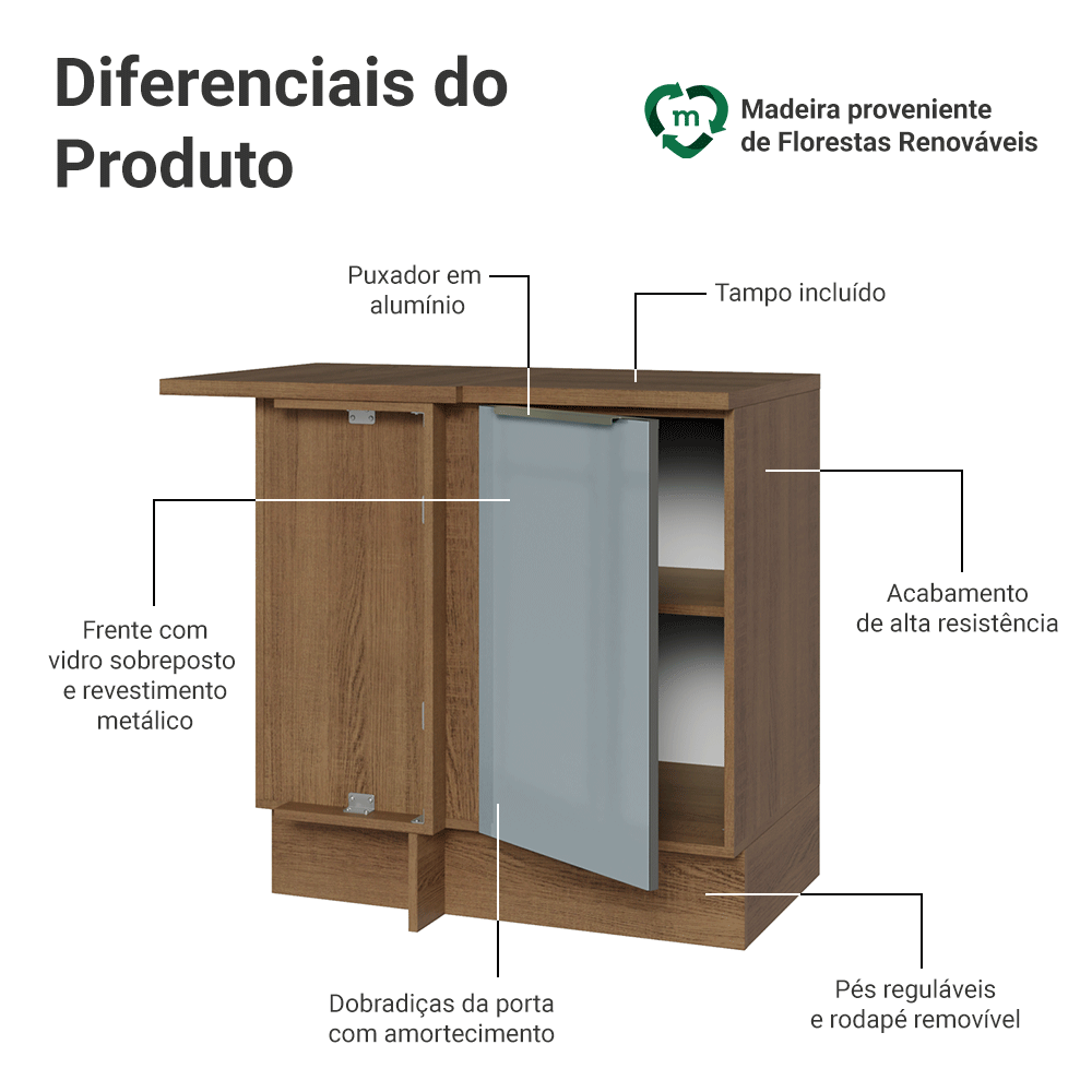 Balcão de Canto 1 Porta Rustic/Cinza Lux Madesa