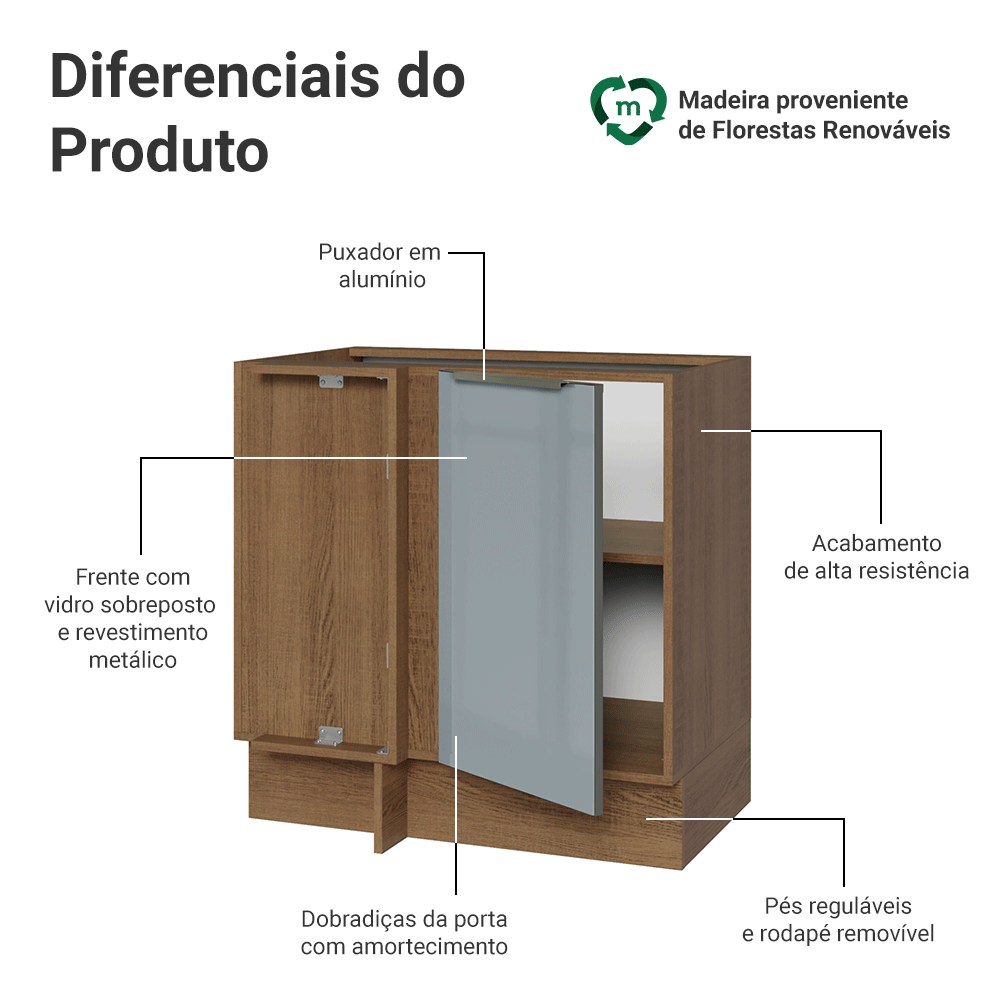 Balcão de Canto 1 Porta (Sem Tampo) Rustic/Cinza Lux Madesa