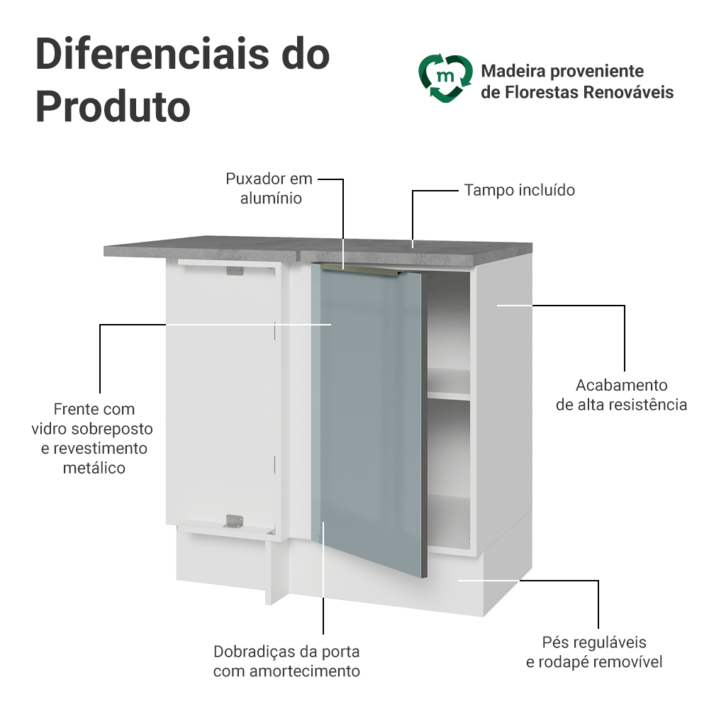 Balcão de Canto 1 Porta Branco/Cinza Lux Madesa