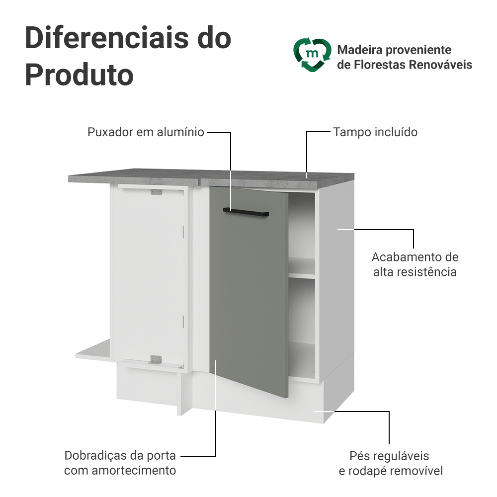 Balcão de Canto Madesa Agata 1 Porta Branco/Cinza