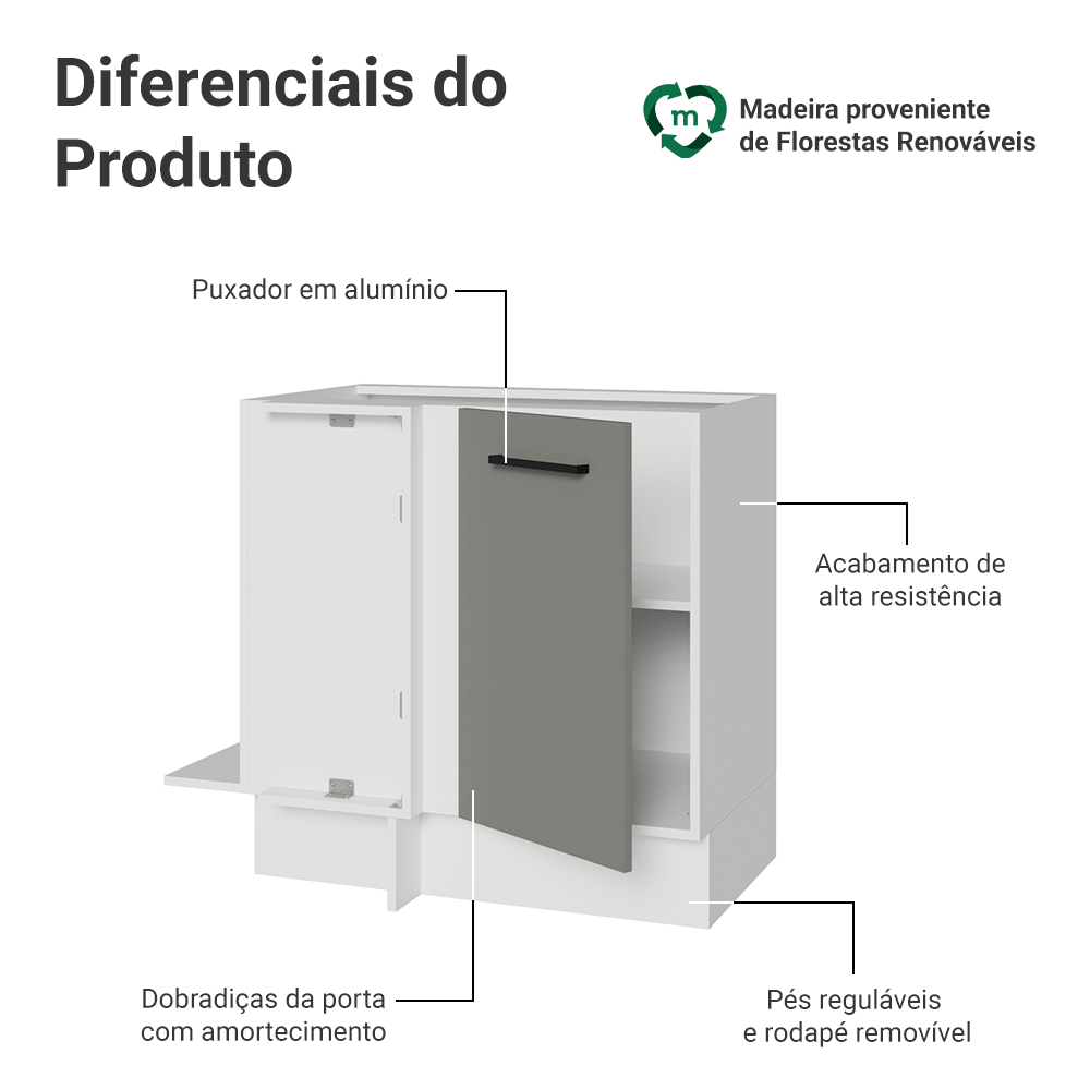 Balcão de Canto 1 Porta (Sem Tampo) Branco/Cinza Agata Madesa