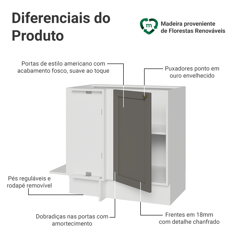 Balcão de Canto 1 Porta (Sem Tampo) Branco/Cinza Vik Madesa