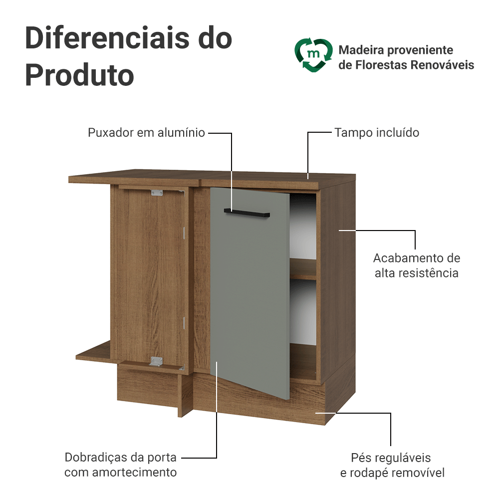 Balcão de Canto Madesa Agata 1 Porta Rustic/Cinza