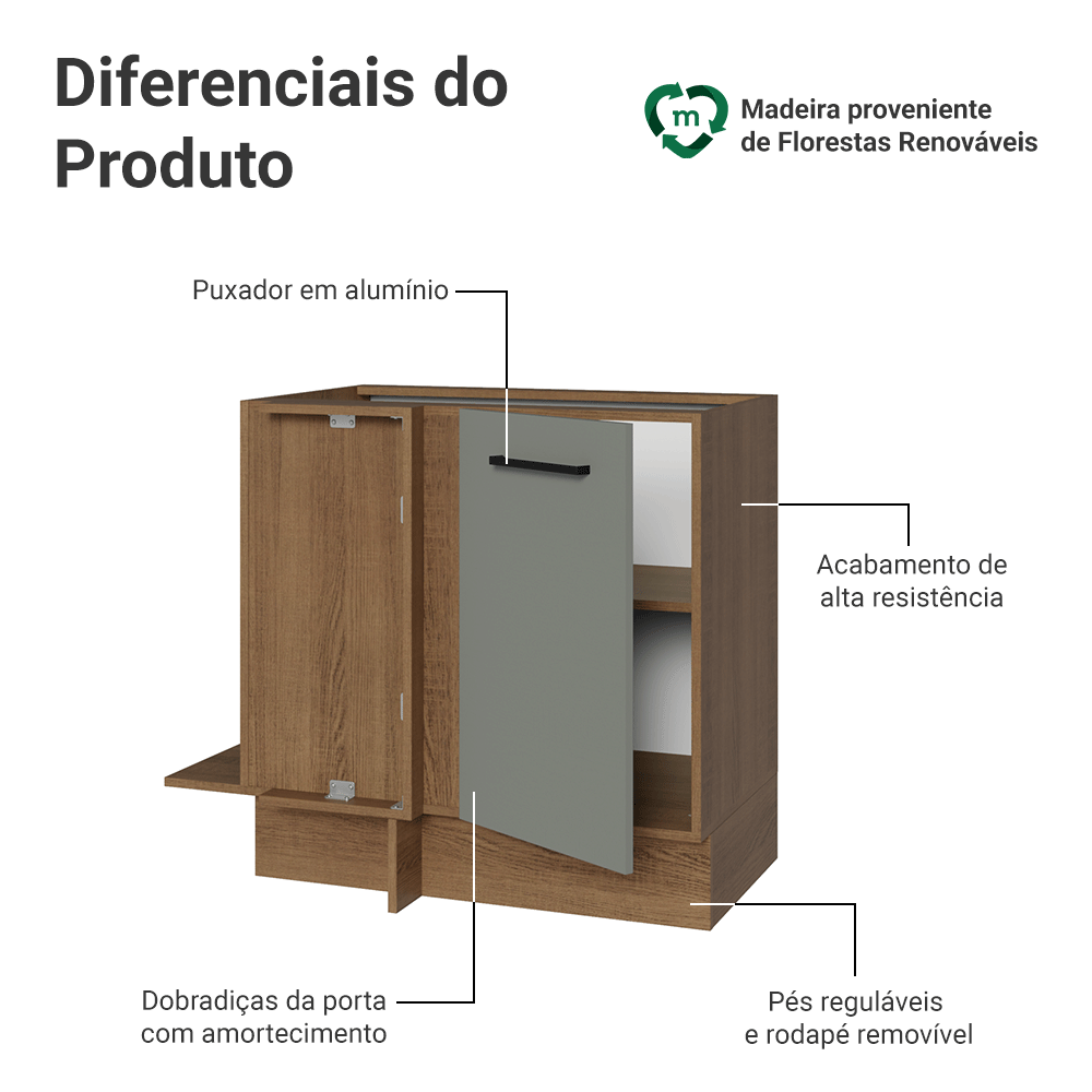 Balcão de Canto 1 Porta (Sem Tampo) Rustic/Cinza Agata Madesa