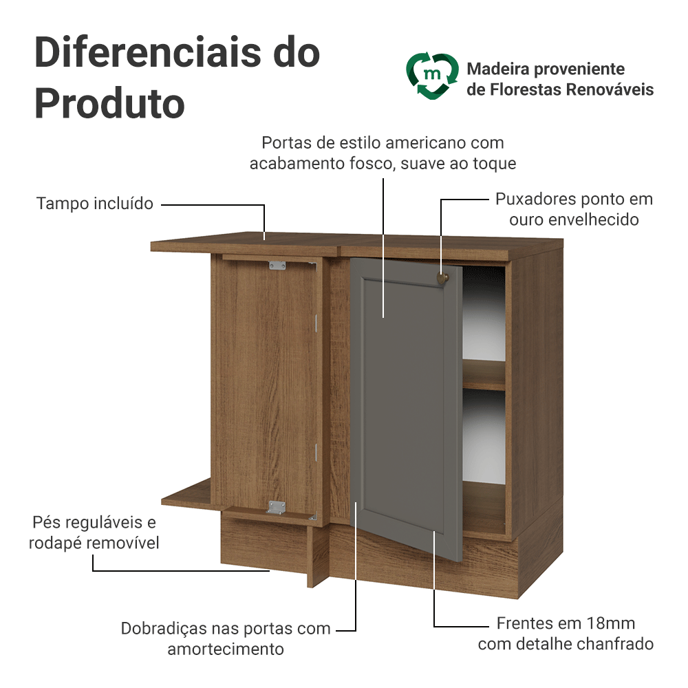 Balcão de Canto 1 Porta Rustic/Cinza Vik Madesa