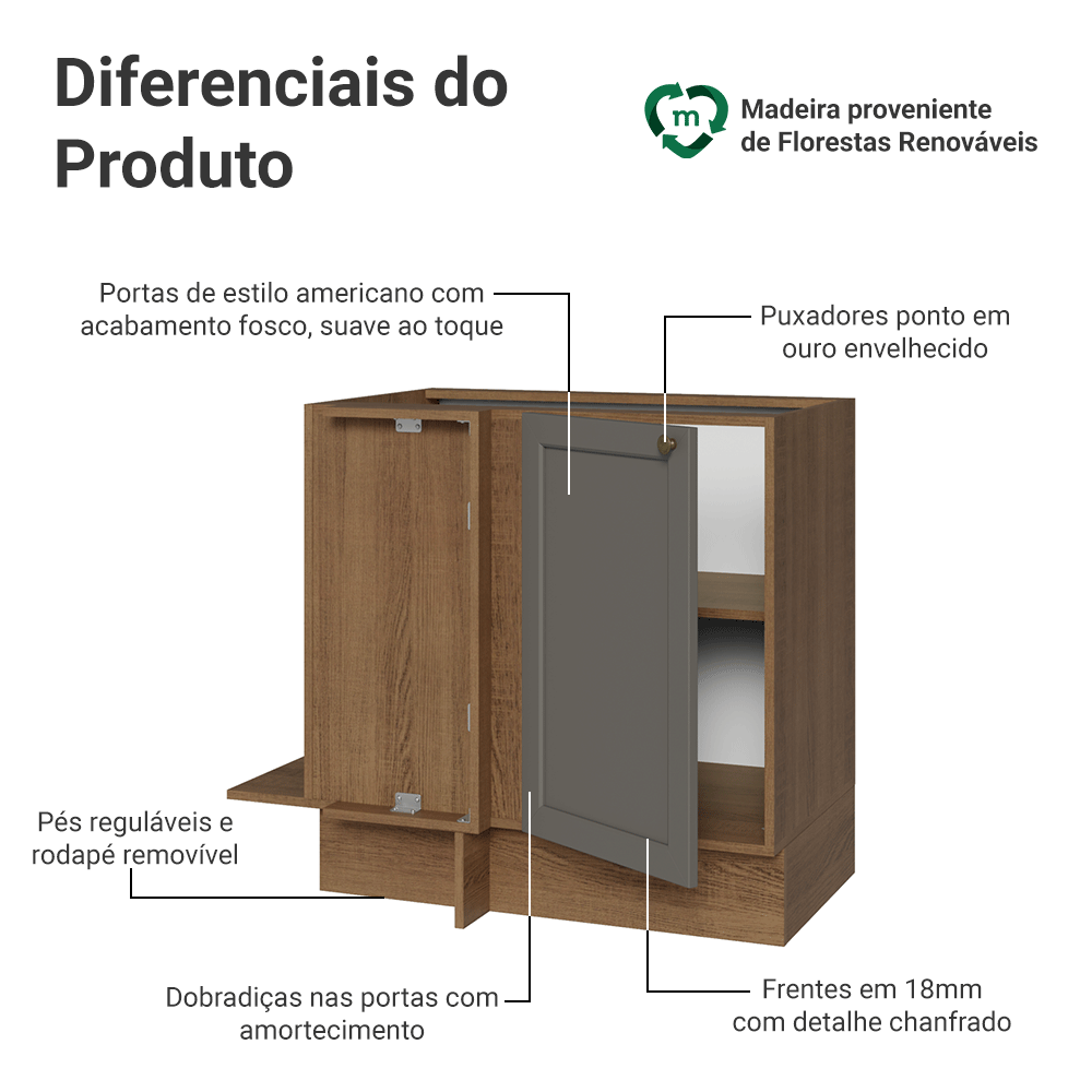 Balcão de Canto 1 Porta (Sem Tampo) Rustic/Cinza Vik Madesa