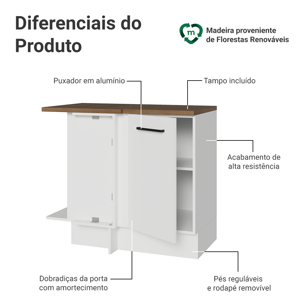 Balcão de Canto 94 cm 1 Porta Branco Tampo Rustic Agata Madesa