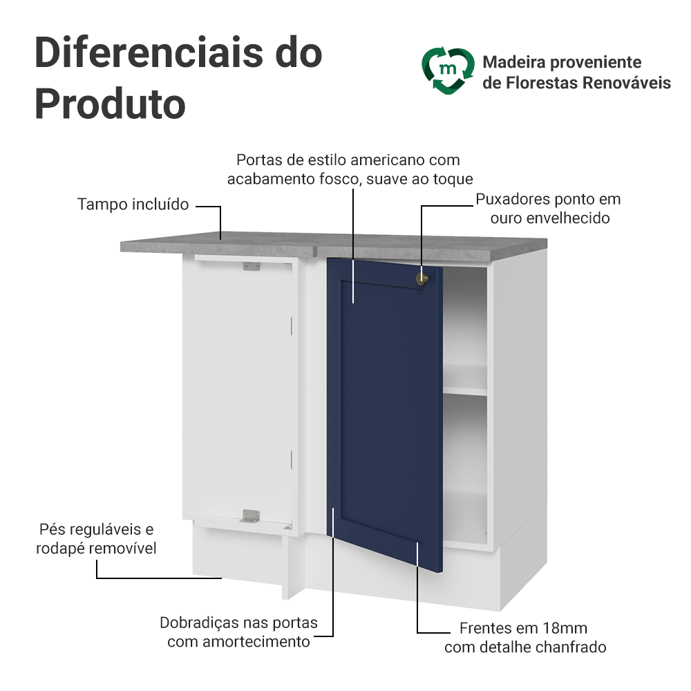 Balcão de Canto 1 Porta Branco/Azul Vik Madesa