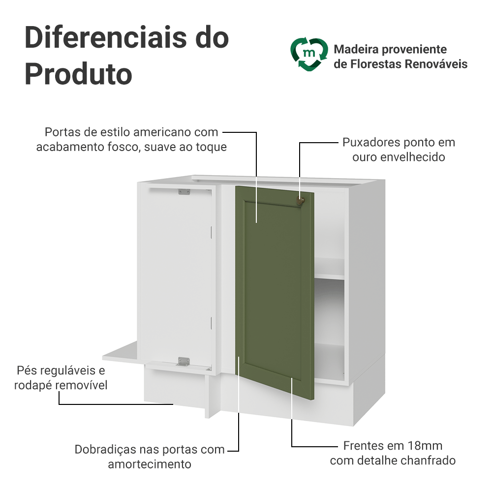 Balcão de Canto 1 Porta (Sem Tampo) Branco/Verde Vik Madesa