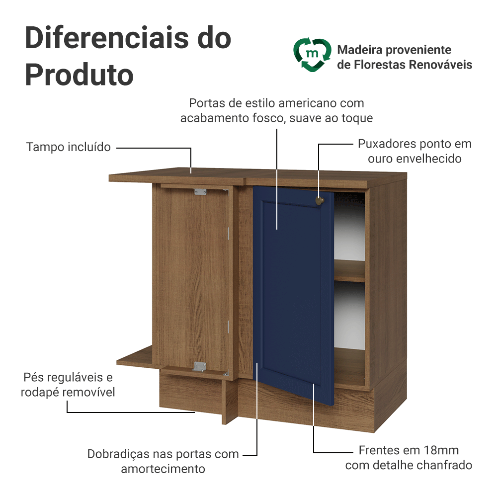 Balcão de Canto 1 Porta Rustic/Azul Vik Madesa