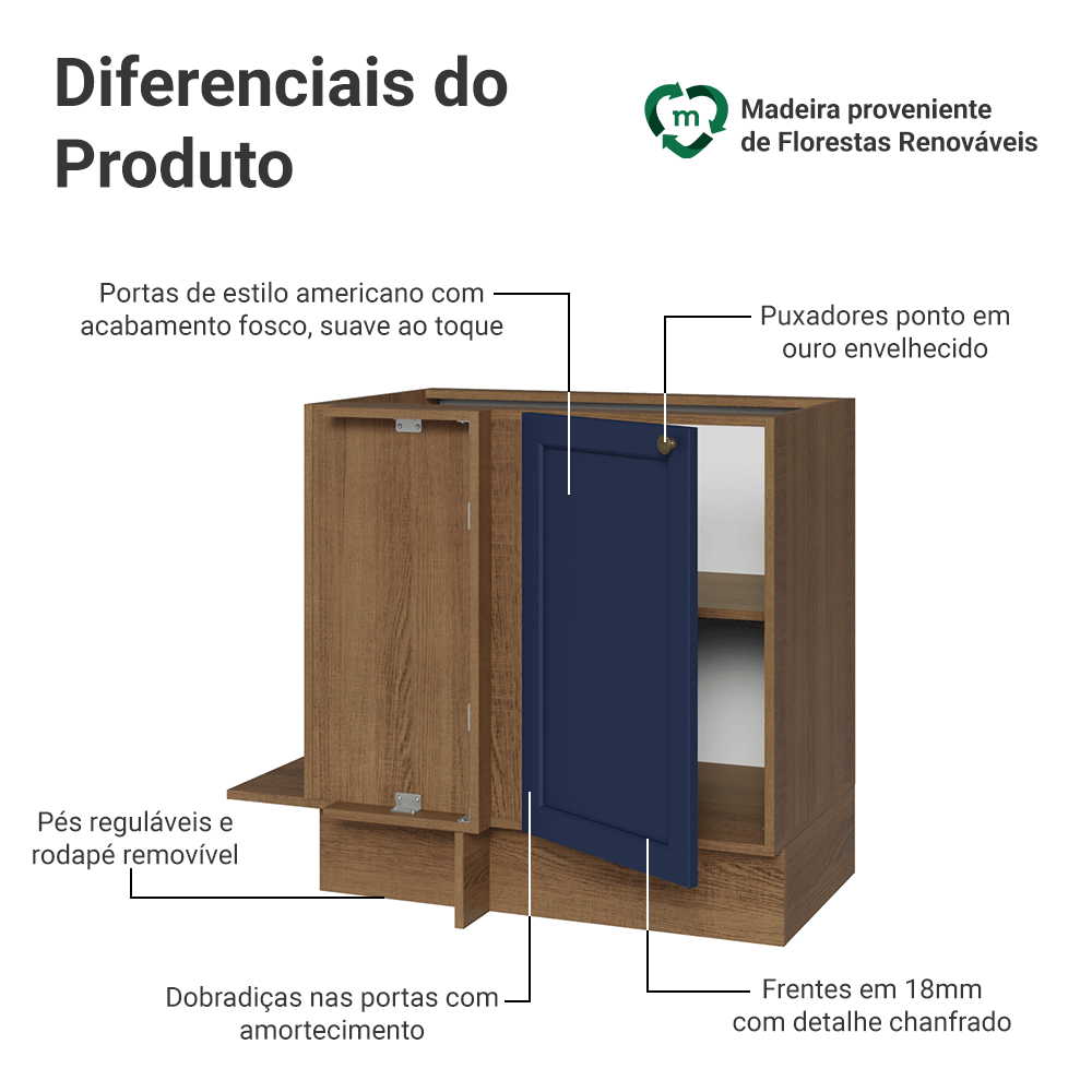 Balcão de Canto 1 Porta (Sem Tampo) Rustic/Azul Vik Madesa