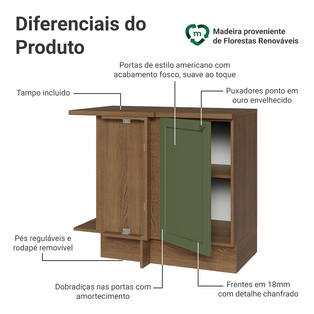 Balcão de Canto 1 Porta Rustic/Verde Vik Madesa