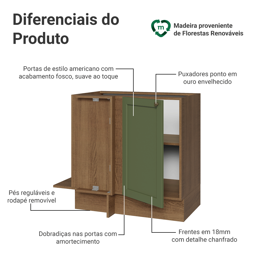 Balcão de Canto 1 Porta (Sem Tampo) Rustic/Verde Vik Madesa