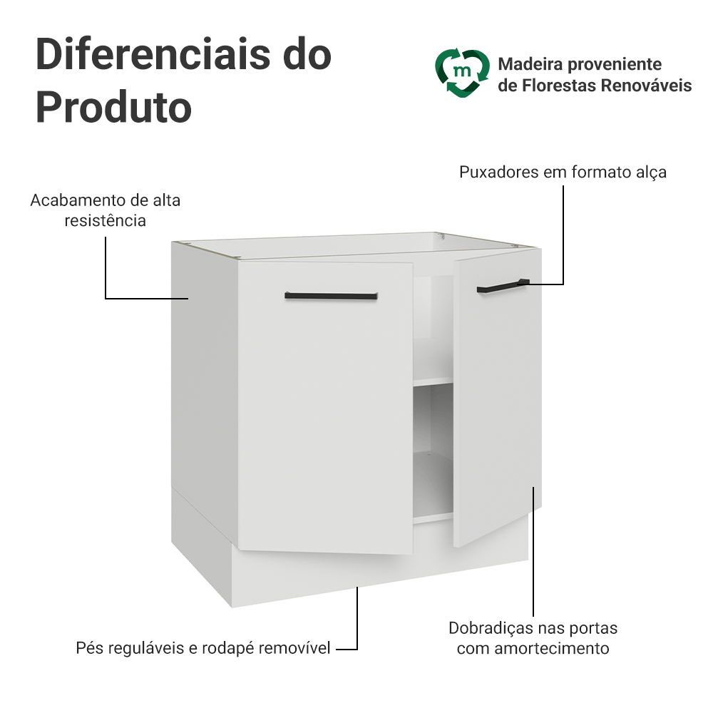 Balcão de Cozinha 80 cm 2 Portas (Sem Tampo) Branco Agata Madesa