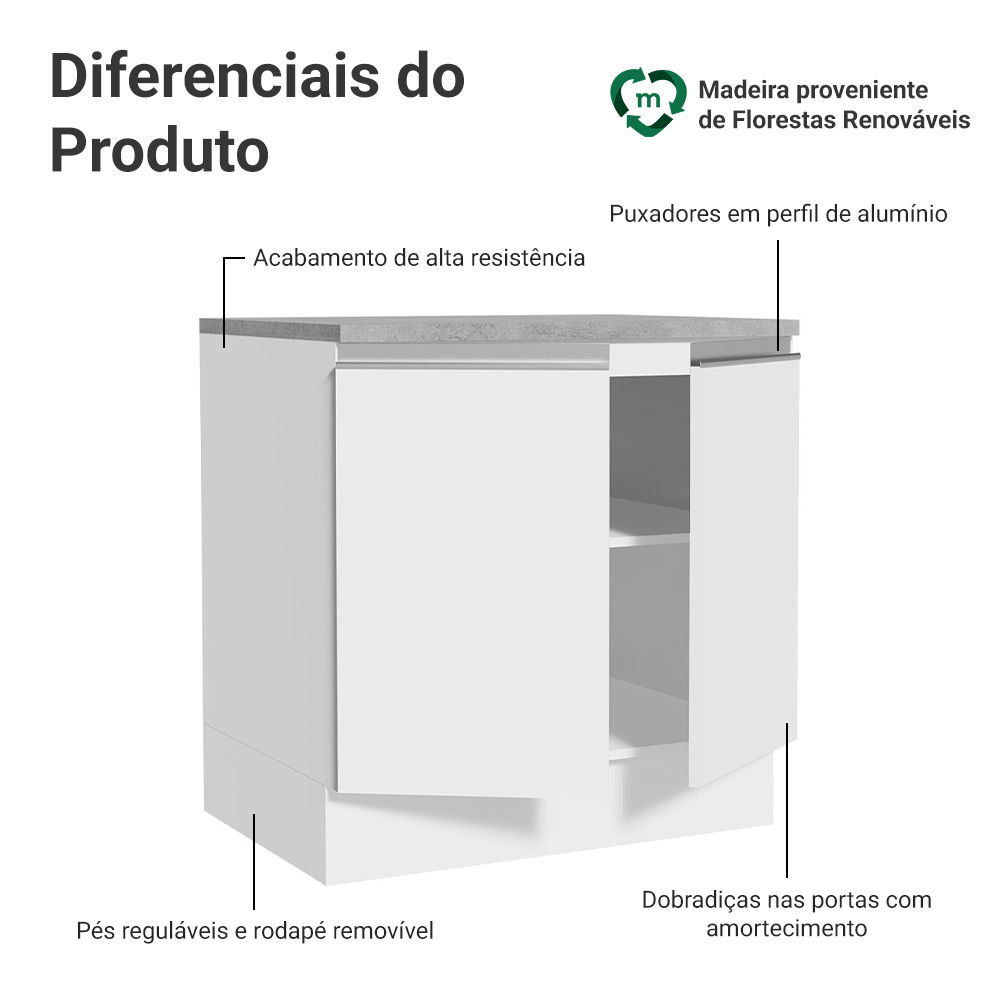 Balcão Madesa Glamy 80 cm 2 Portas Branco