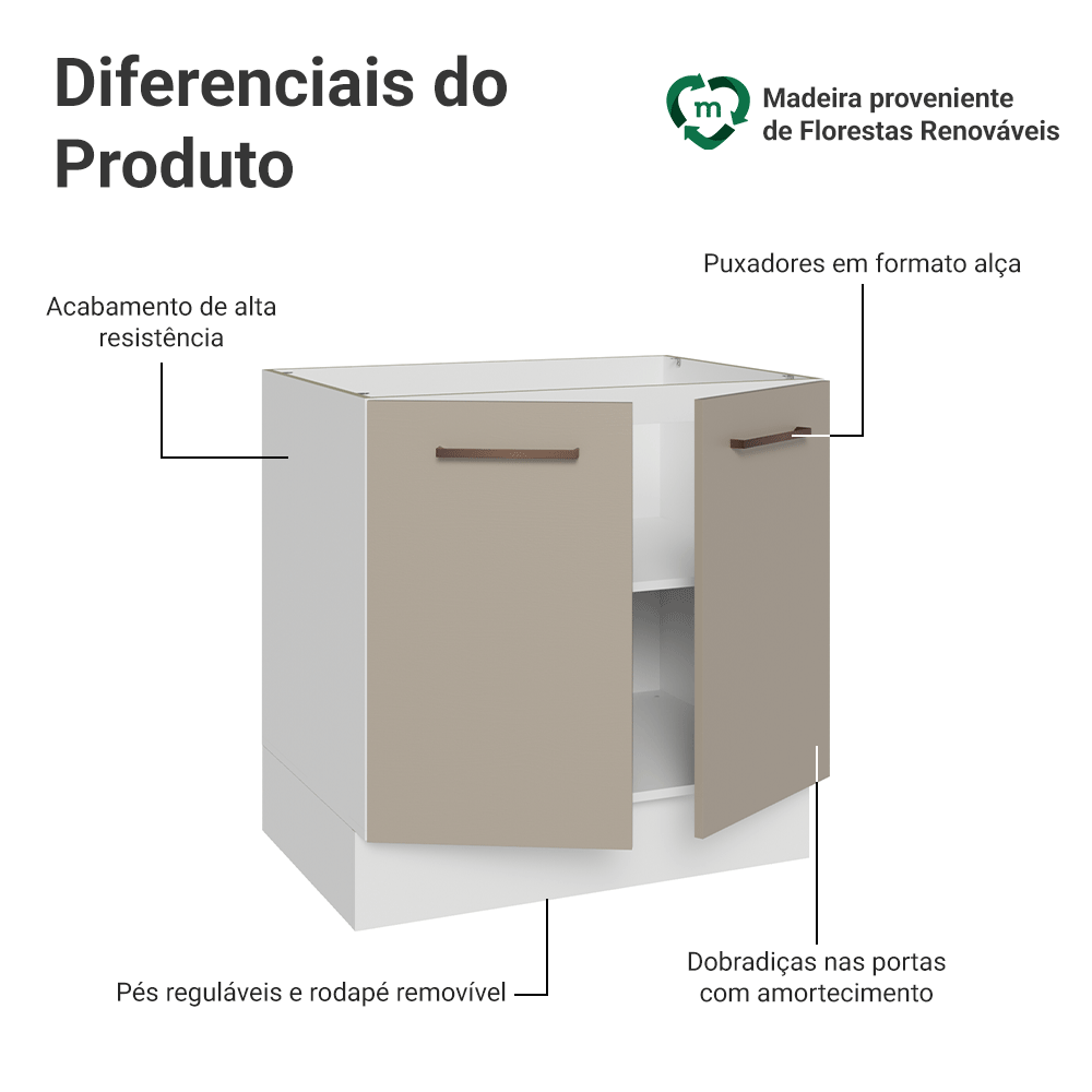 Balcão de Cozinha 80 cm 2 Portas (Sem Tampo) Branco/Crema Agata Madesa