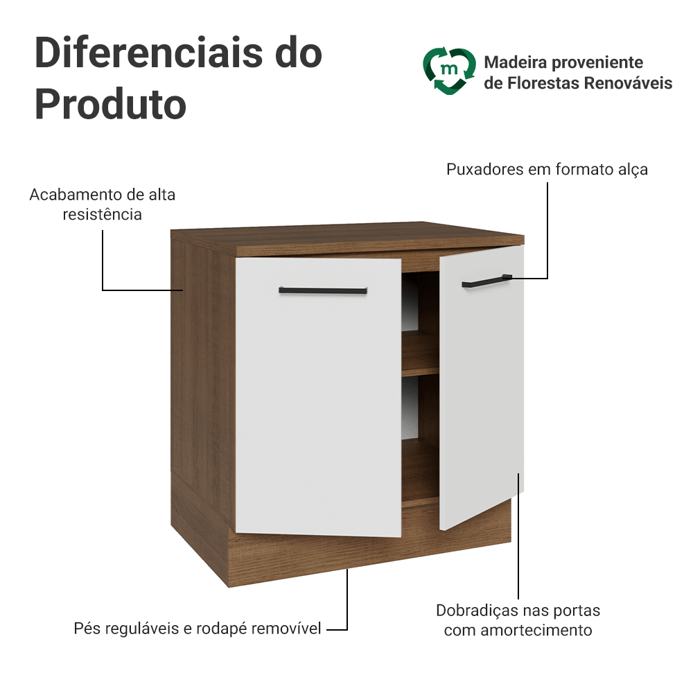 Balcão Madesa Agata 80 cm 2 Portas Rustic/Branco