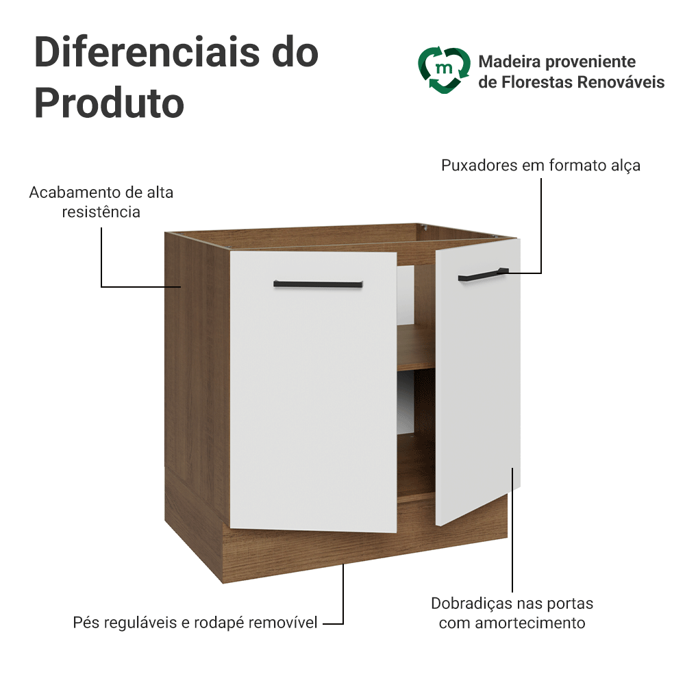 Balcão de Cozinha 80 cm 2 Portas (Sem Tampo) Rustic/Branco Agata Madesa