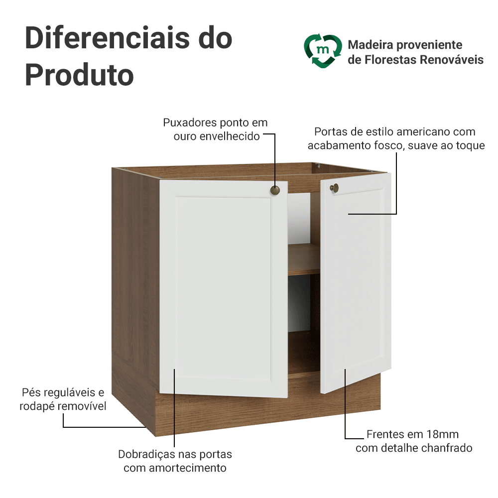 Balcão de Cozinha 80 cm 2 Portas (Sem Tampo) Rustic/Branco Vik Madesa