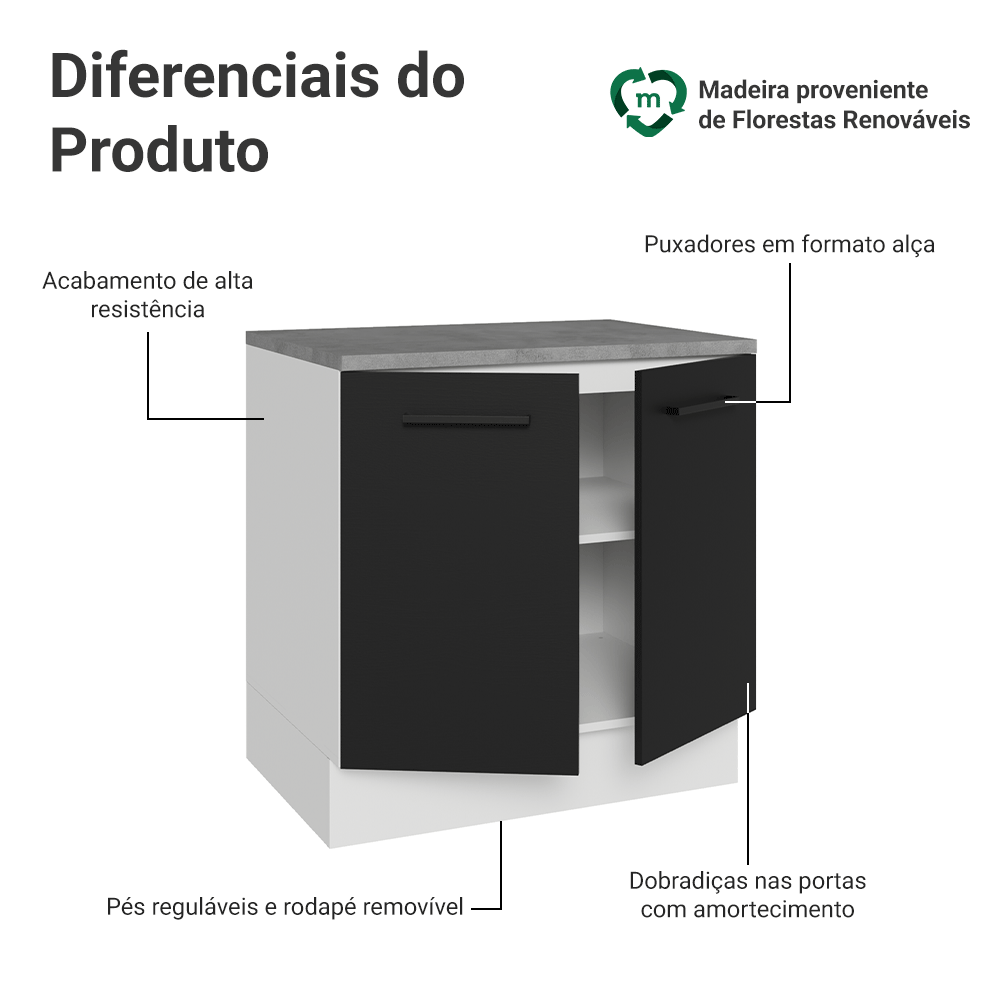 Balcão Madesa Agata 80 cm 2 Portas Branco/Preto