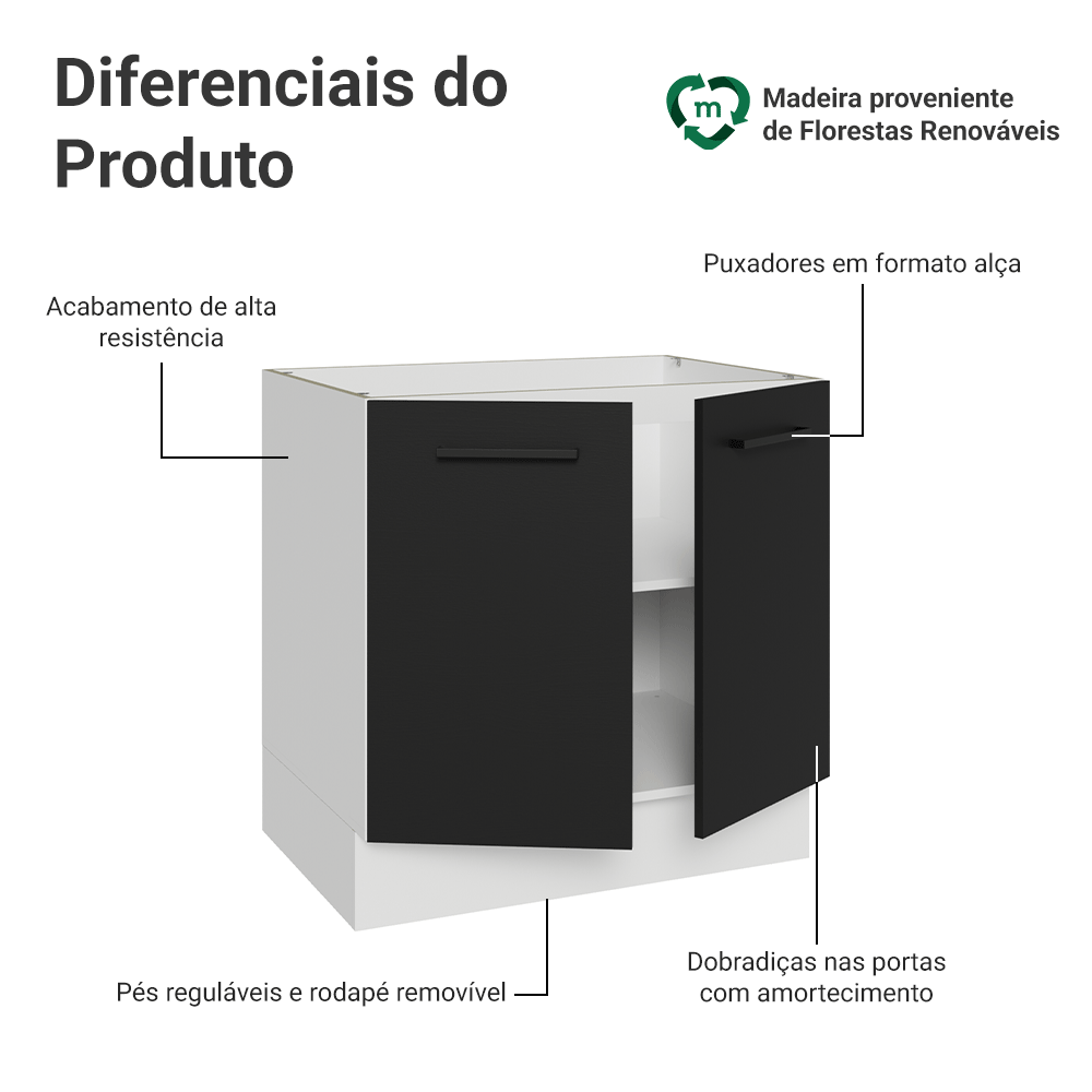 Balcão de Cozinha 80 cm 2 Portas (Sem Tampo) Branco/Preto Agata Madesa