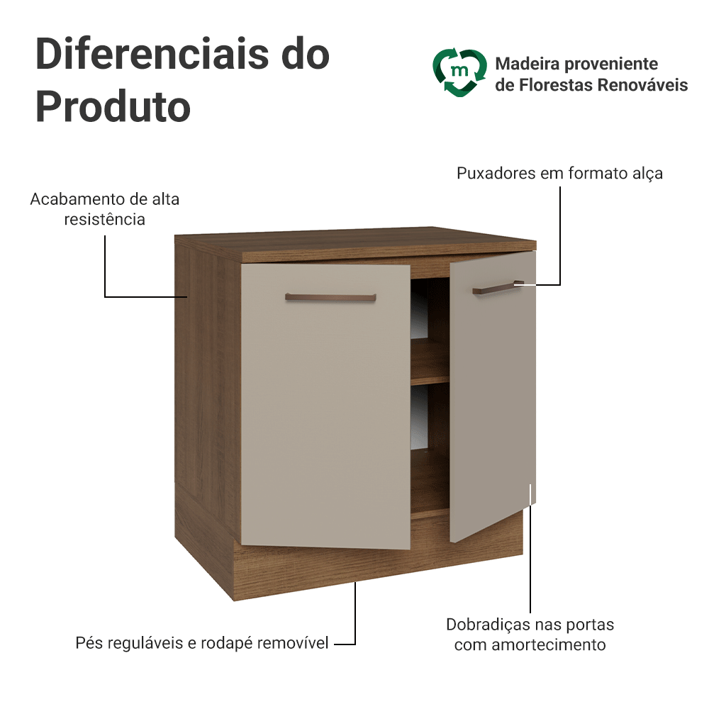 Balcão 80 cm 2 Portas Rustic/Crema Agata Madesa