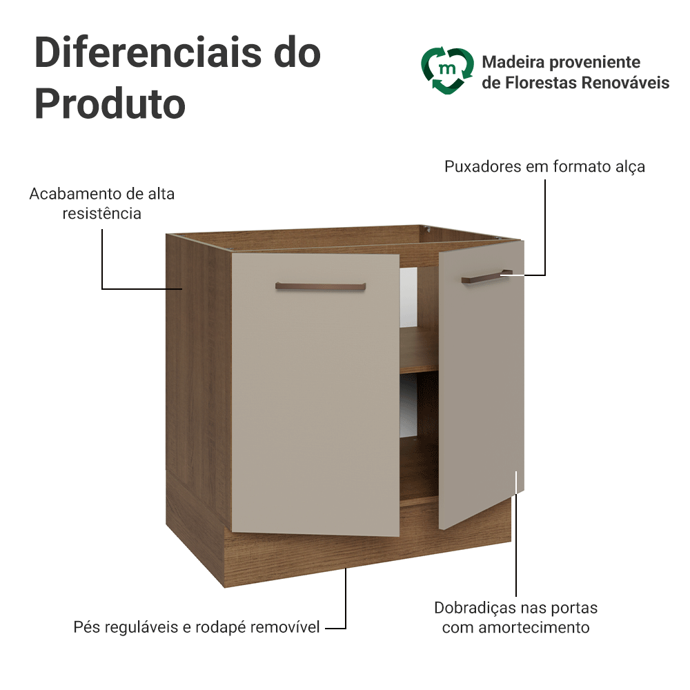 Balcão de Cozinha 80 cm 2 Portas (Sem Tampo) Rustic/Crema Agata Madesa