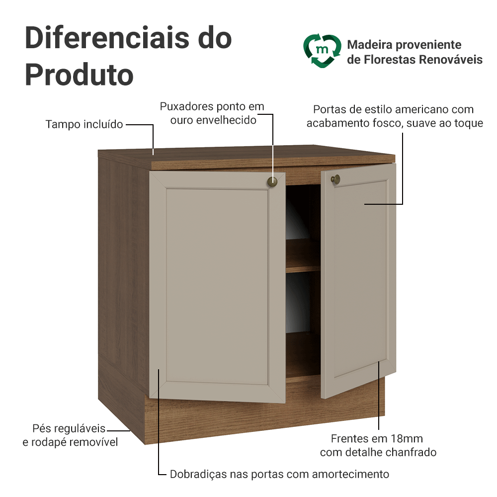 Balcão de Cozinha 80 cm 2 Portas Rustic/Crema Vik Madesa